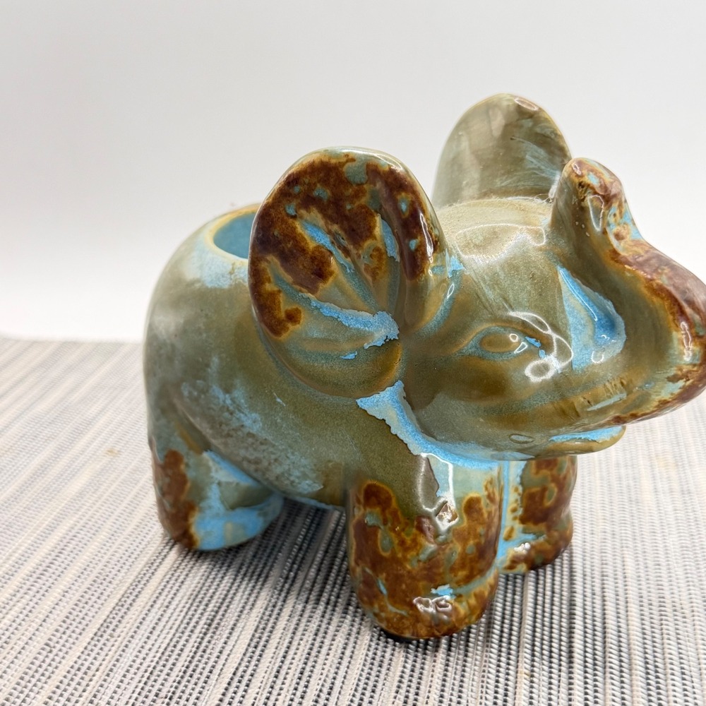 Ceramic Elephant Planter Tea Light Holder Turquoise Brown Reactive Glaze Boho